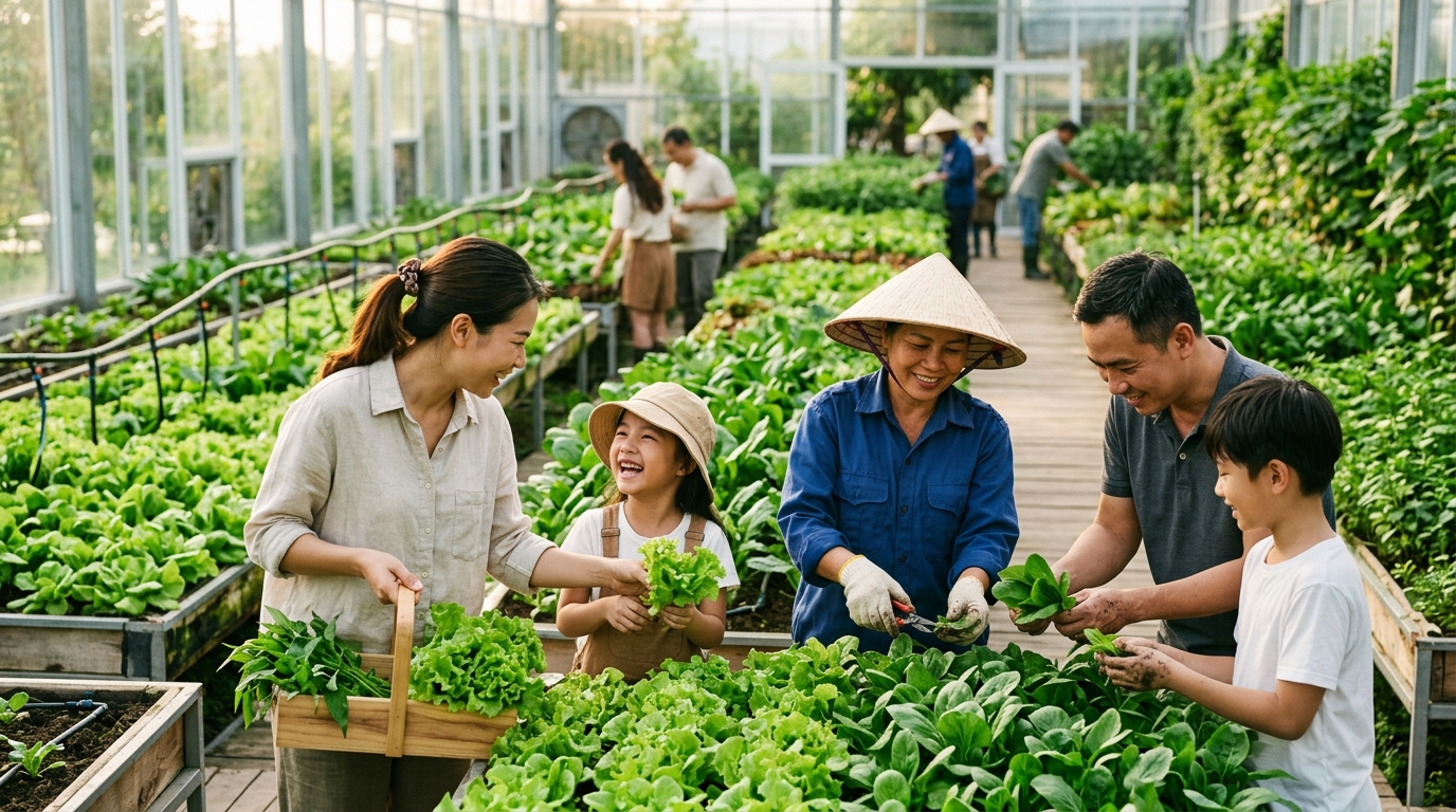 Khách tham quan trải nghiệm nông nghiệp sinh thái trực tiếp tại cánh đồng rau sạch HTX Văn Giang