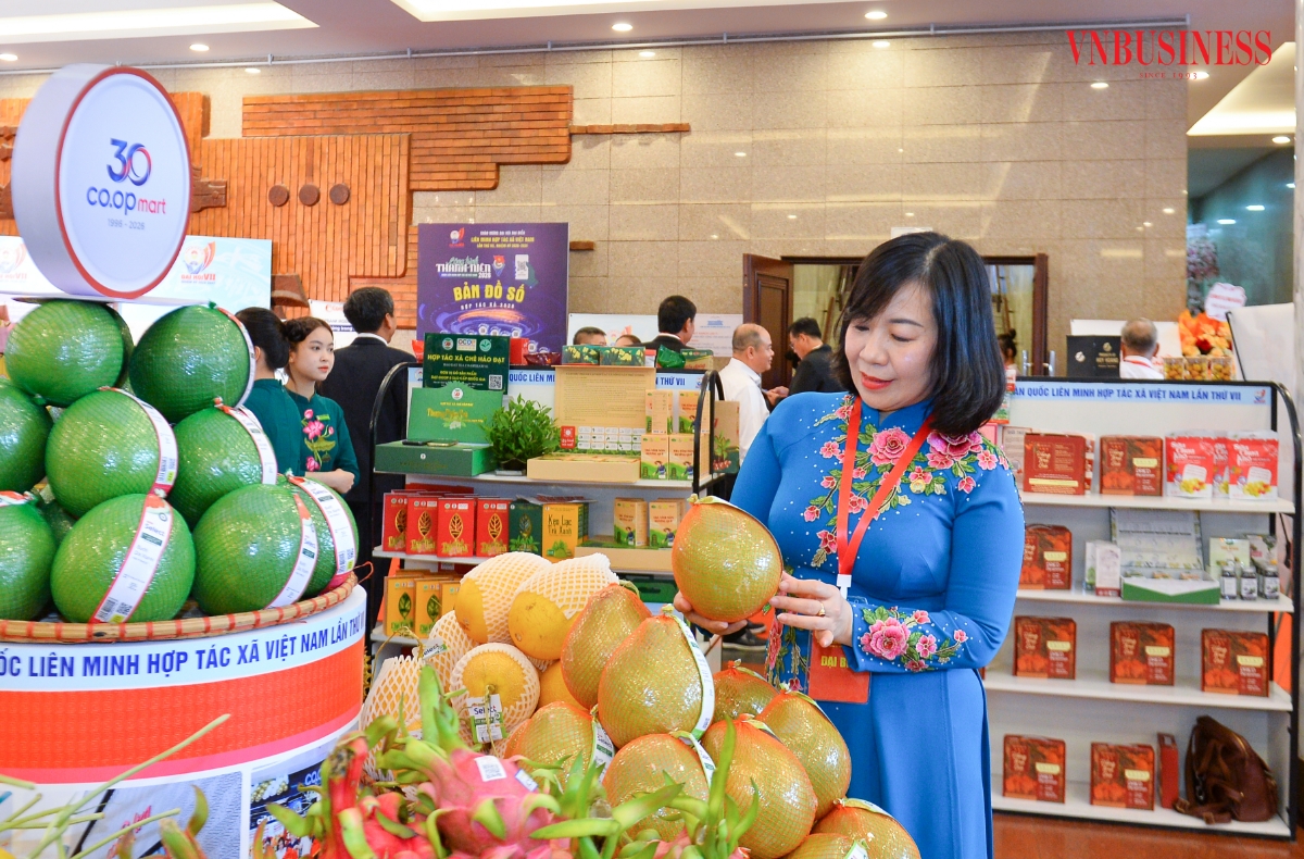Đại biểu tìm hiểu các sản phẩm nông nghiệp, thực phẩm chế biến và đặc sản vùng miền, qua đó thấy rõ sự đa dạng trong sản phẩm hàng hóa của khu vực kinh tế tập thể.