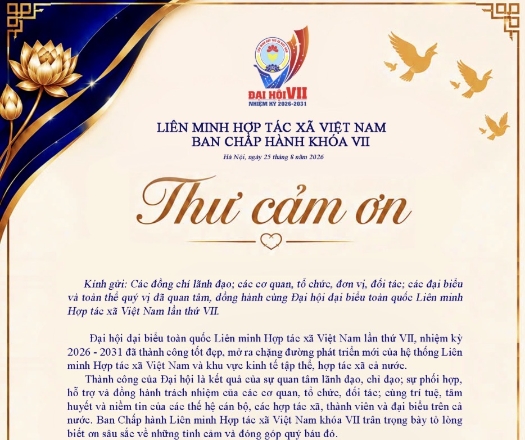 Chủ tịch Liên minh HTX Việt Nam gửi thư cảm ơn sau Đại hội VII