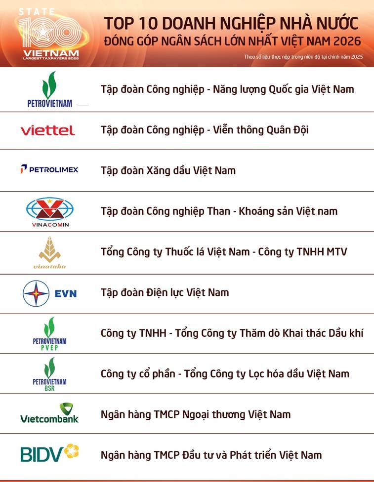 Bảng xếp hạng các doanh nghiệp nhà nước đóng góp ngân sách lớn nhất cả nước.