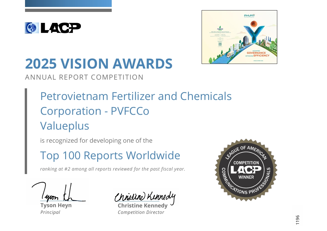 PVFCCo - Phú Mỹ xếp hạng nhì toàn cầu, giành 2 giải bạch kim tại LACP 2025 Vision Awards (Hoa Kỳ).
