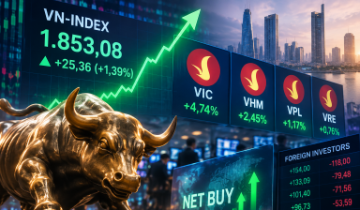 VN-Index vượt 1.850 điểm, VIC và VHM bứt phá, khối ngoại đảo chiều mua ròng