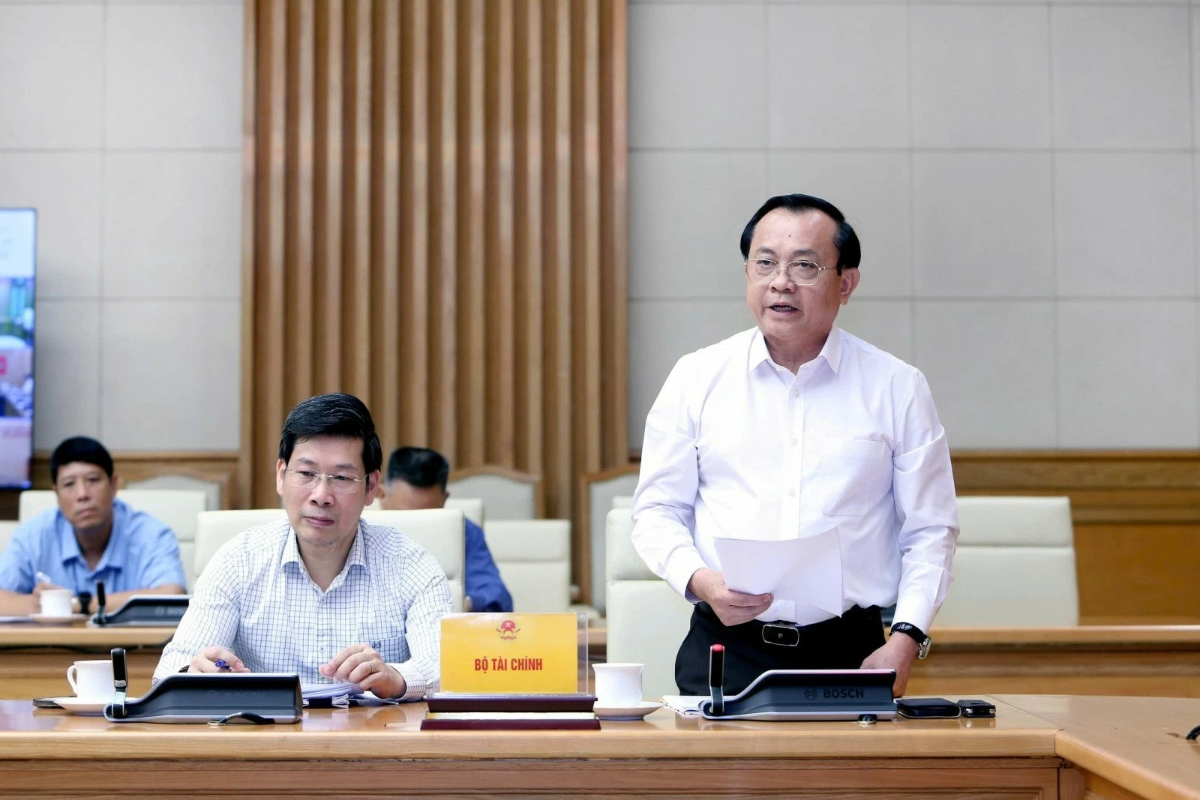 Thứ trưởng Bộ Tài chính Lê Tấn Cận phát biểu tại cuộc họp.