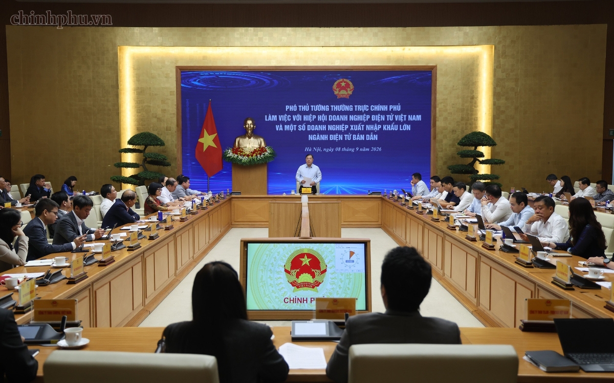 Phó Thủ tướng Thường trực Phạm Gia Túc làm việc với VEIA và một số doanh nghiệp xuất nhập khẩu lớn trong ngành điện tử, bán dẫn. Ảnh: chinhphu.vn
