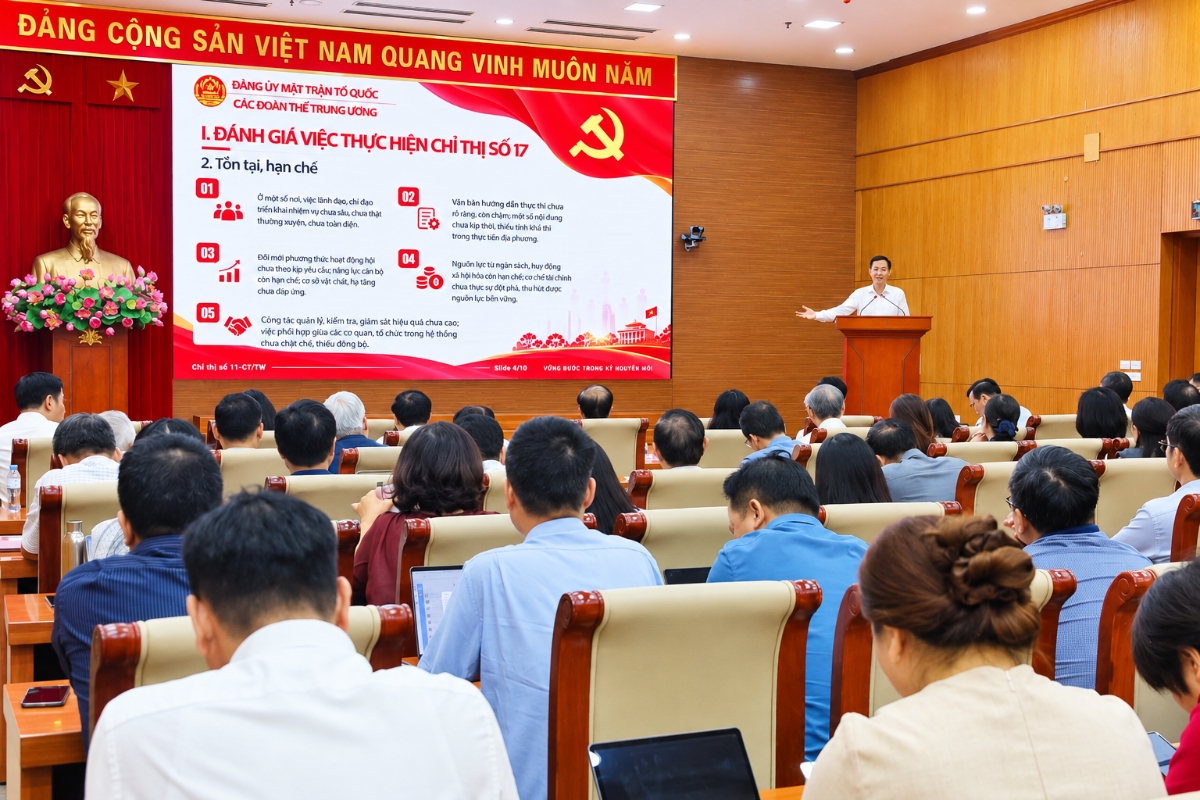 Phó Bí thư Đảng ủy MTTQ, các đoàn thể Trung ương Nguyễn Thái Học phát biểu tại Hội nghị