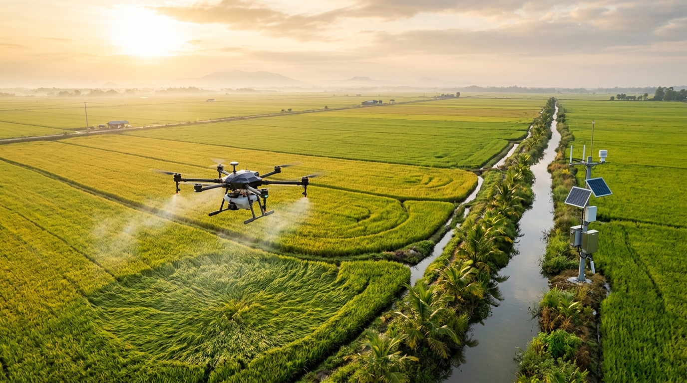 Cánh đồng lúa thông minh tại Đồng Tháp với drone nông nghiệp và trạm quan trắc tự động