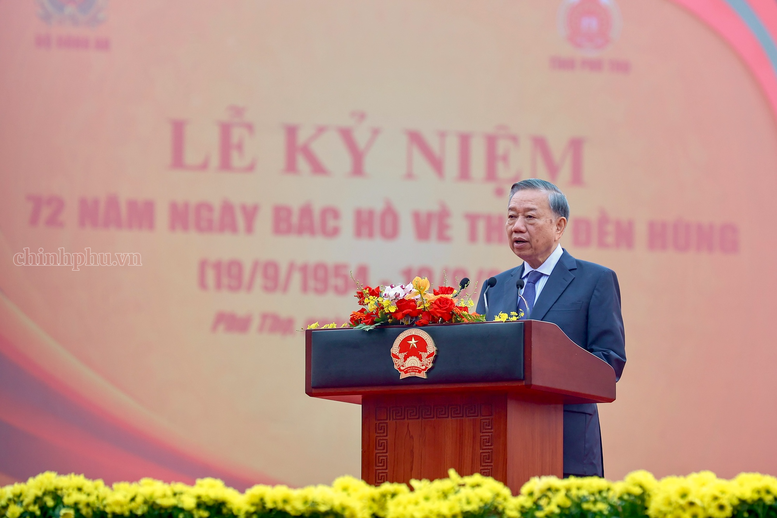 Tổng Bí thư, Chủ tịch nước Tô Lâm phát biểu tại Lễ kỷ niệm 72 năm Ngày Bác Hồ về thăm Đền Hùng - Ảnh: Nhật Bắc