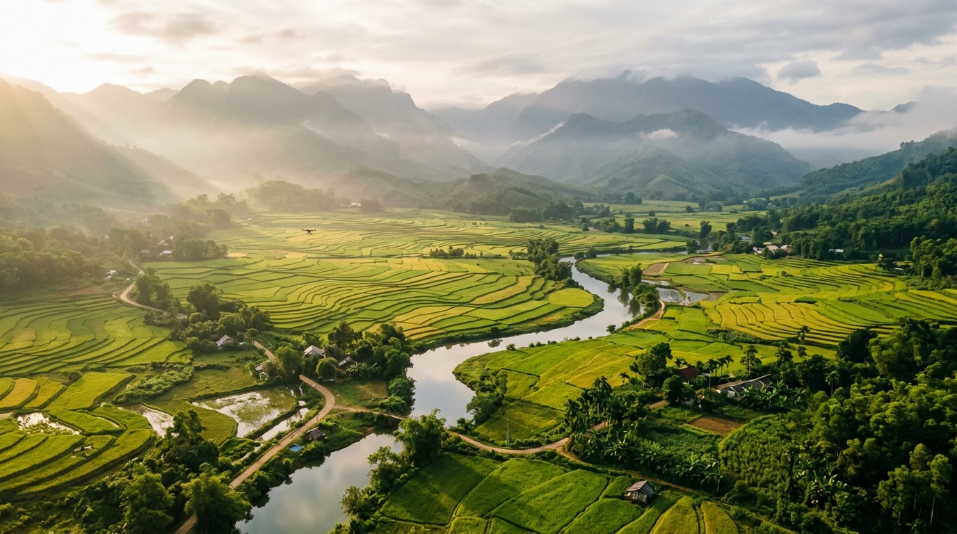 Toàn cảnh cánh đồng lúa Cát Tiên Lâm Đồng trong nắng mai