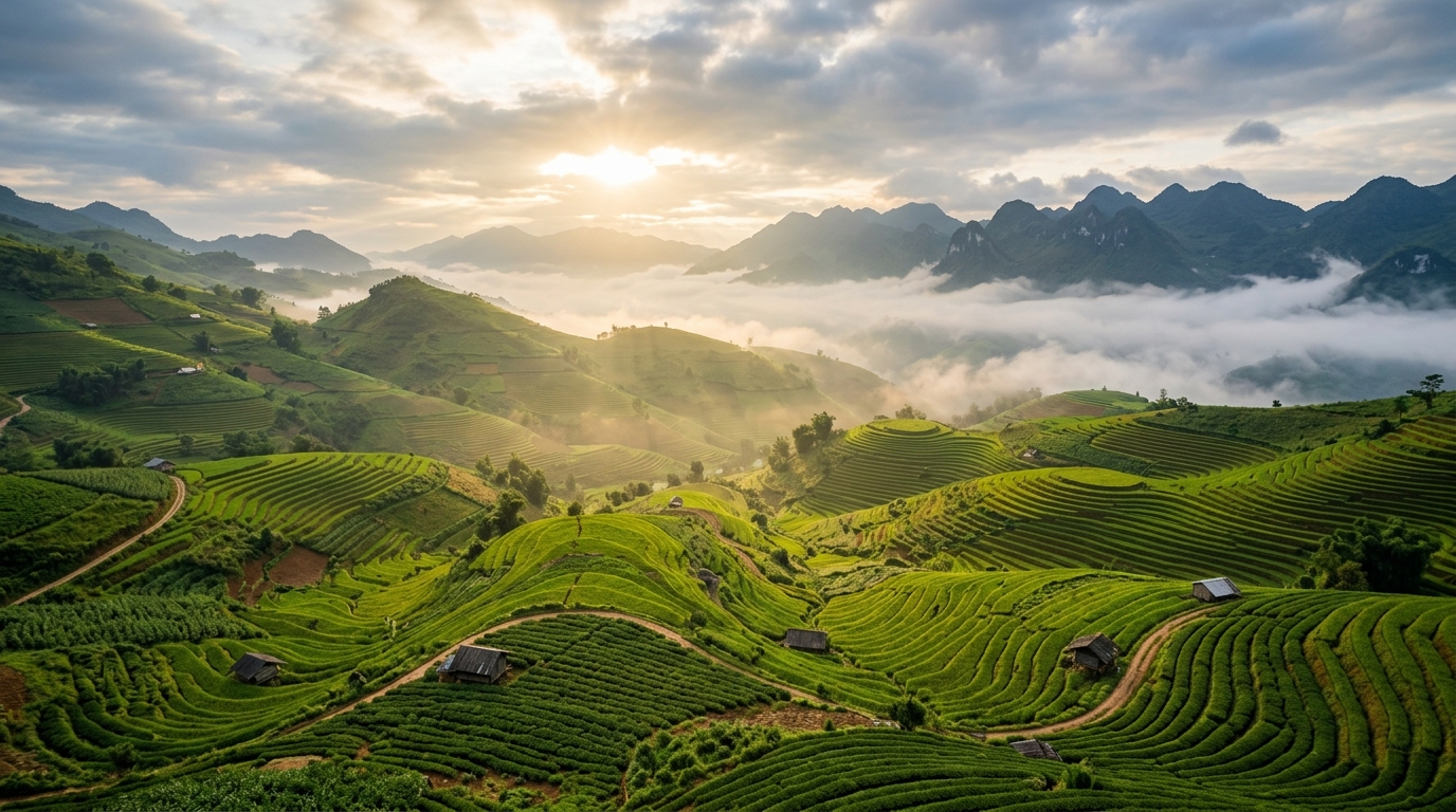 Toàn cảnh đồi núi thung lũng nông nghiệp vùng Mộc Châu Vân Hồ trong sương sớm