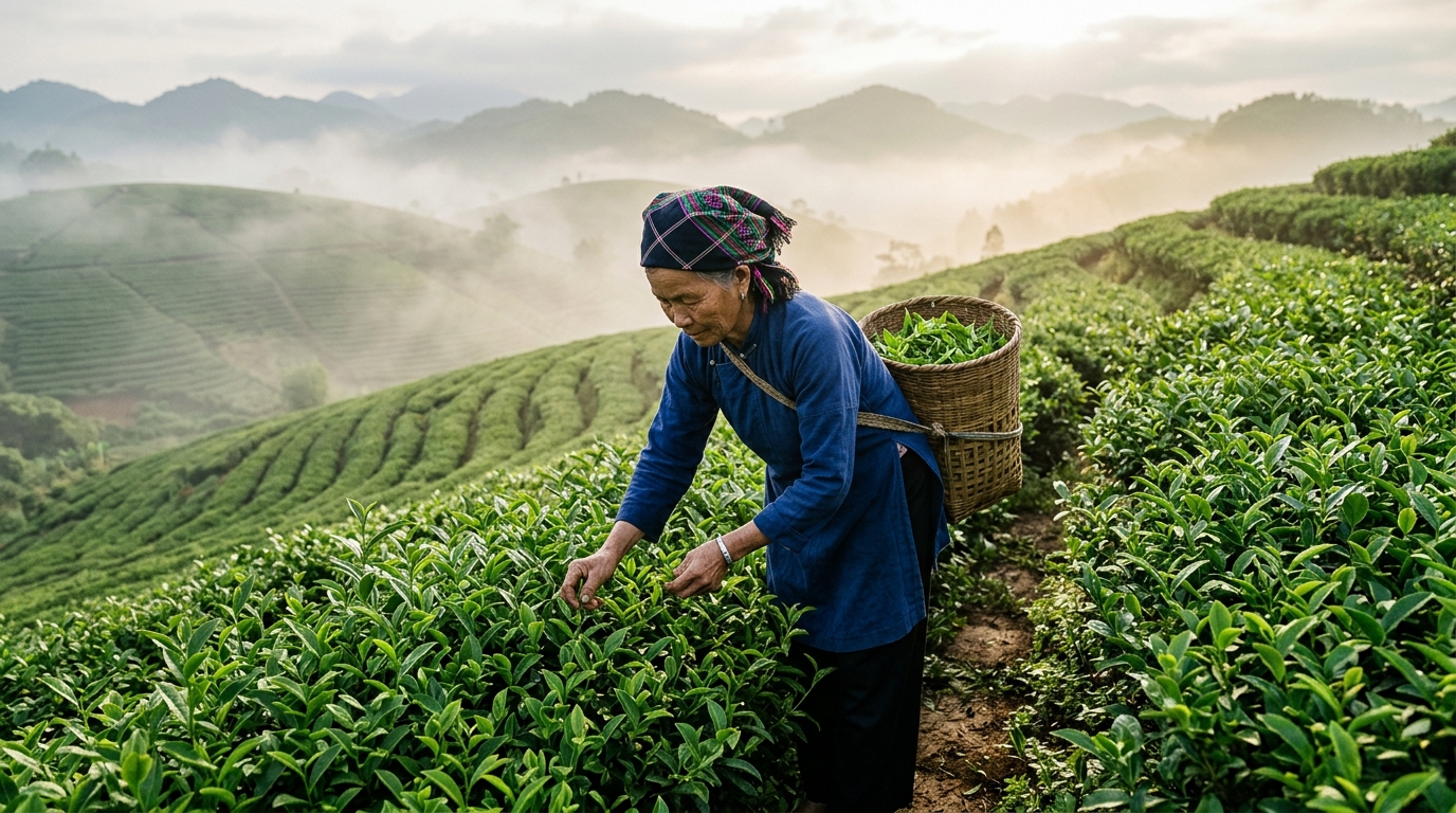 Đồng bào dân tộc thiểu số chăm chỉ thu hái búp chè trên nương đồi xanh ngát