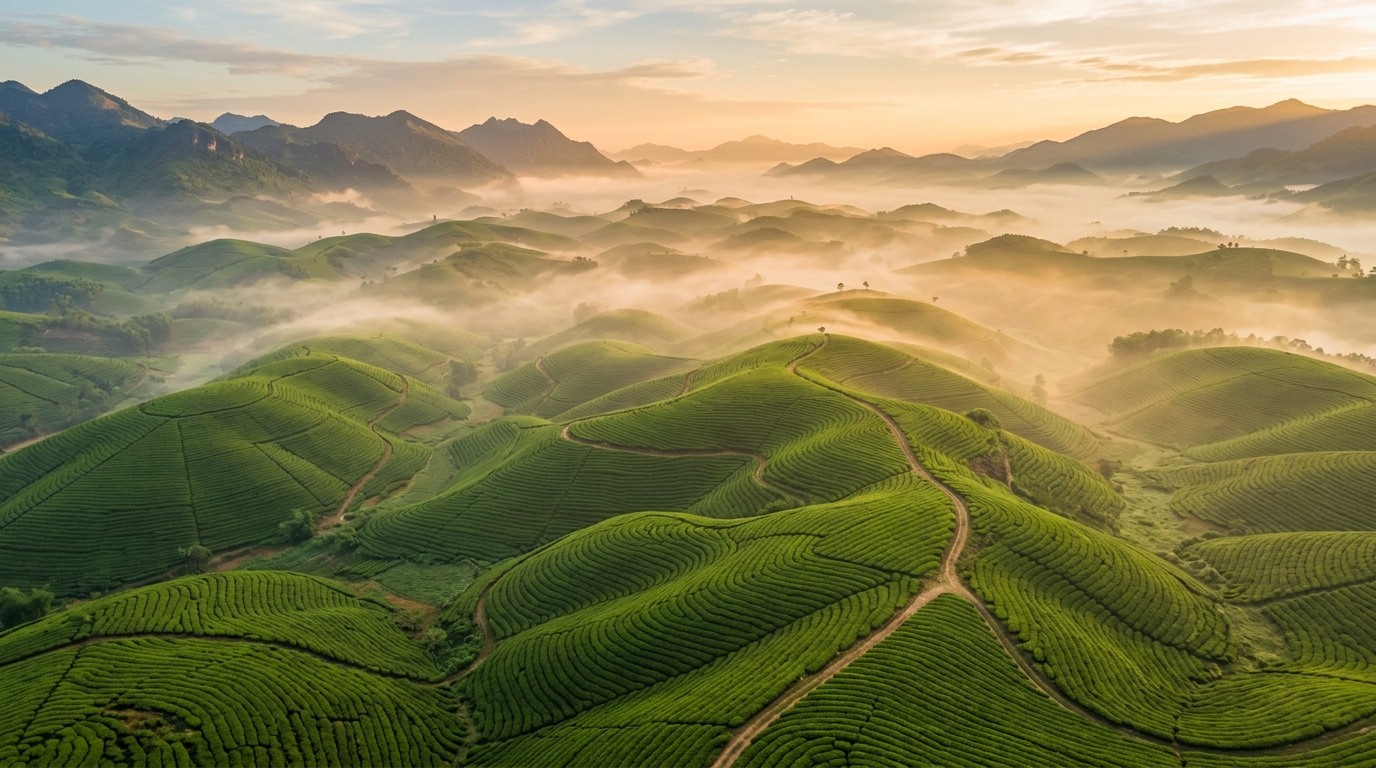 Đồi chè bạt ngàn tại Phú Thọ trong sương sớm