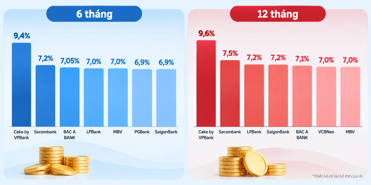 Lãi suất kỳ hạn 6 tháng và 12 tháng tại một số ngân hàng.