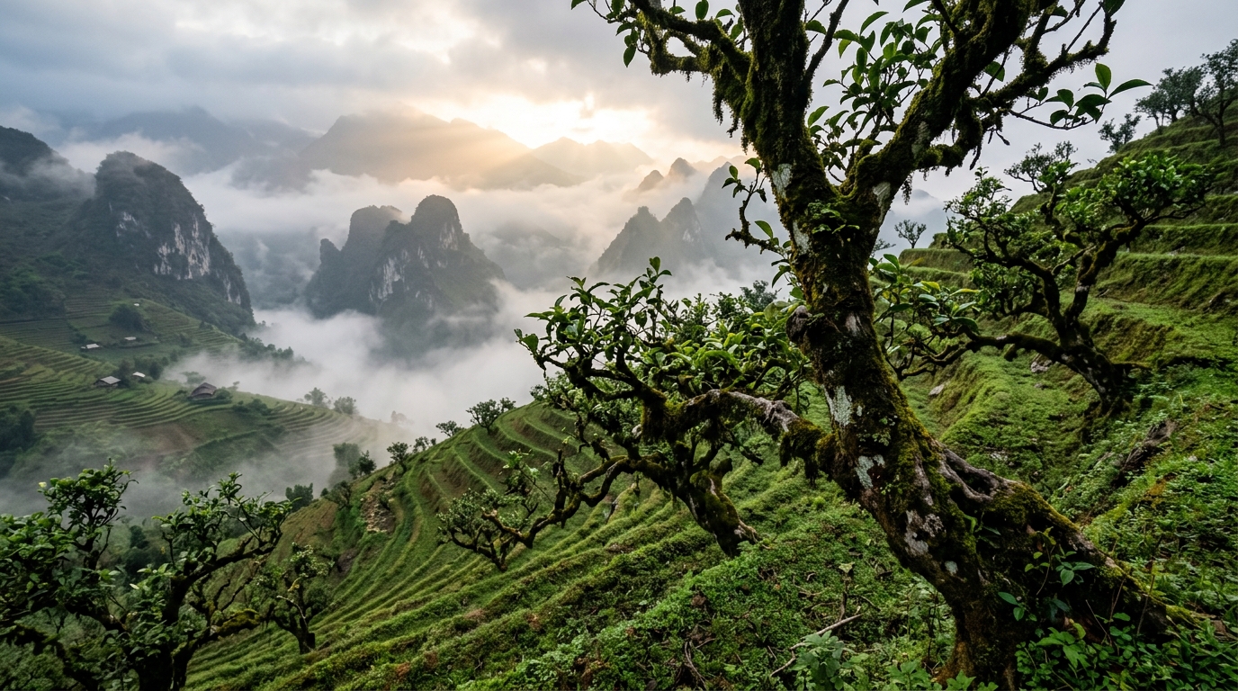Vùng chè Shan tuyết cổ thụ Suối Tọ trong sương sớm