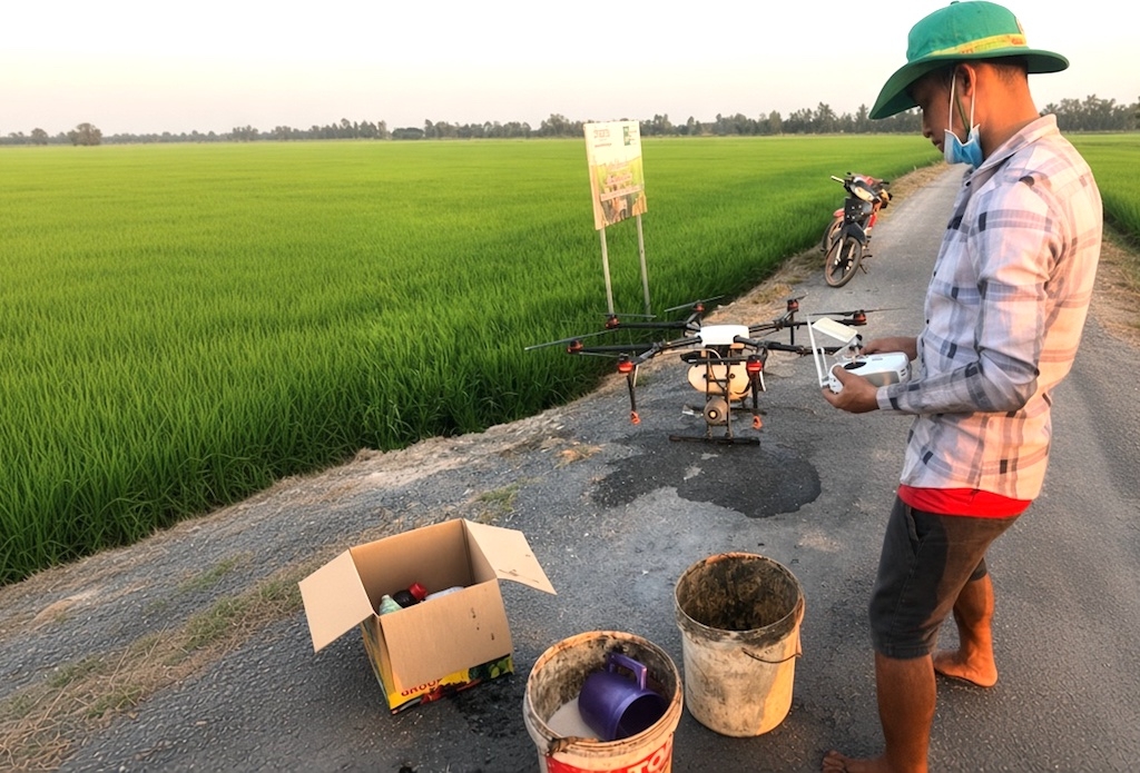Thành viên HTX Cây Trôm điều khiển drone phun thuốc, góp phần chuẩn hóa quy trình sản xuất trên vùng lúa tập trung.