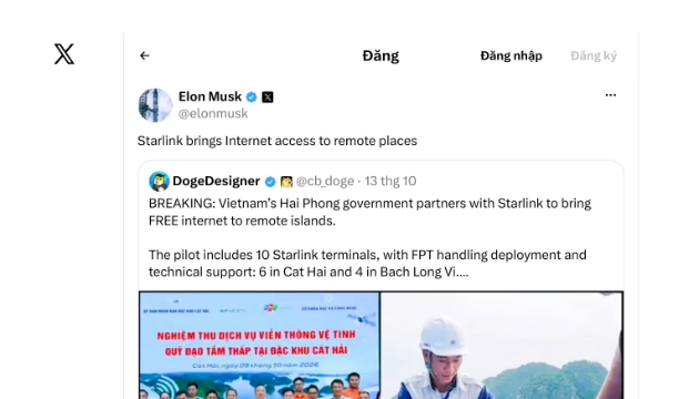 Tỷ phú Elon Musk chia sẻ và quan tâm việc Hải Phòng triển khai internet vệ tinh tại đặc khu và biển đảo.