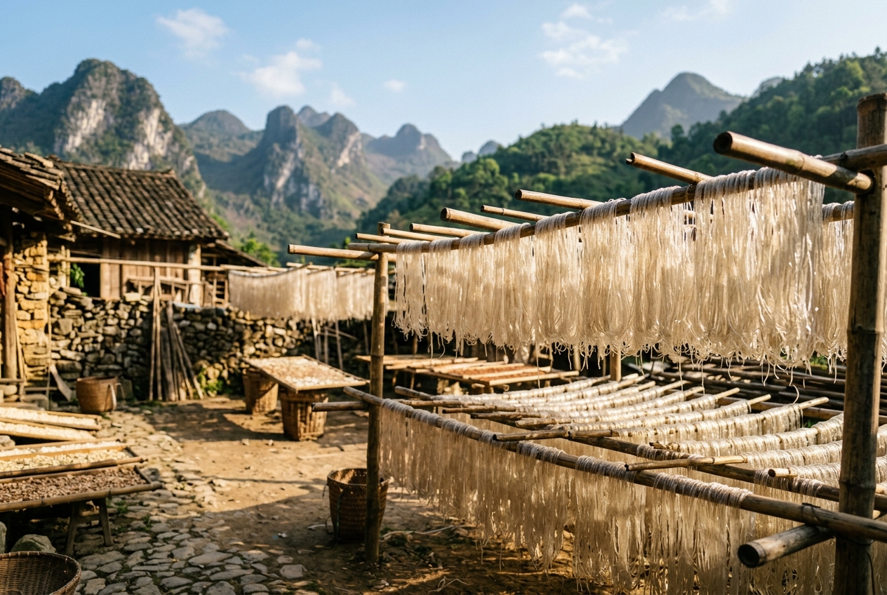 Miến dong phơi trên giàn tre dưới nắng vùng núi