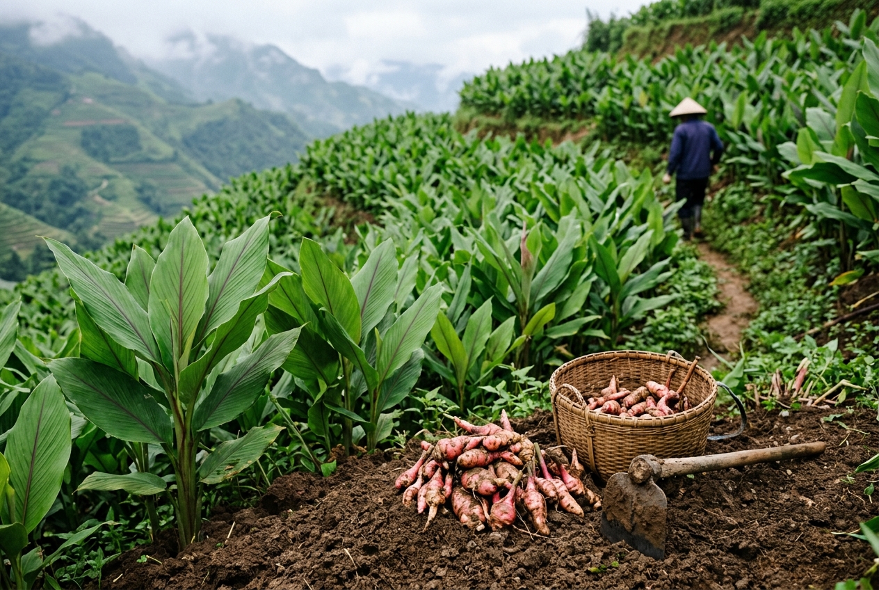Luống dong riềng trên sườn núi và những củ dong vừa thu hoạch
