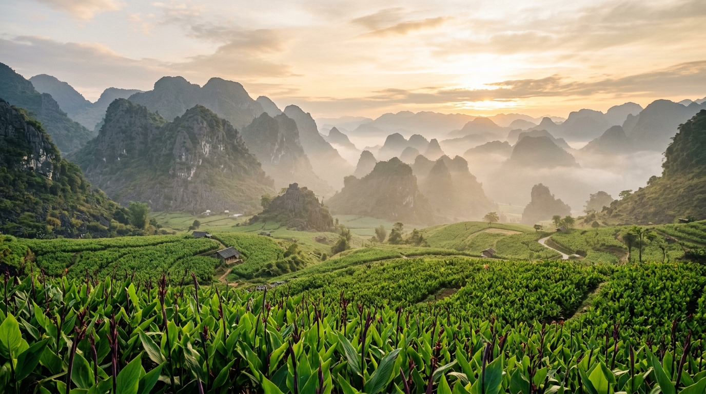 Thung lũng núi đá Cao Bằng với những luống dong riềng trong sương sớm
