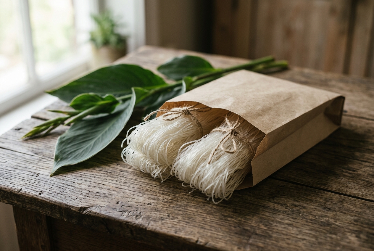 Những bó miến dong trong túi giấy kraft bên lá dong riềng