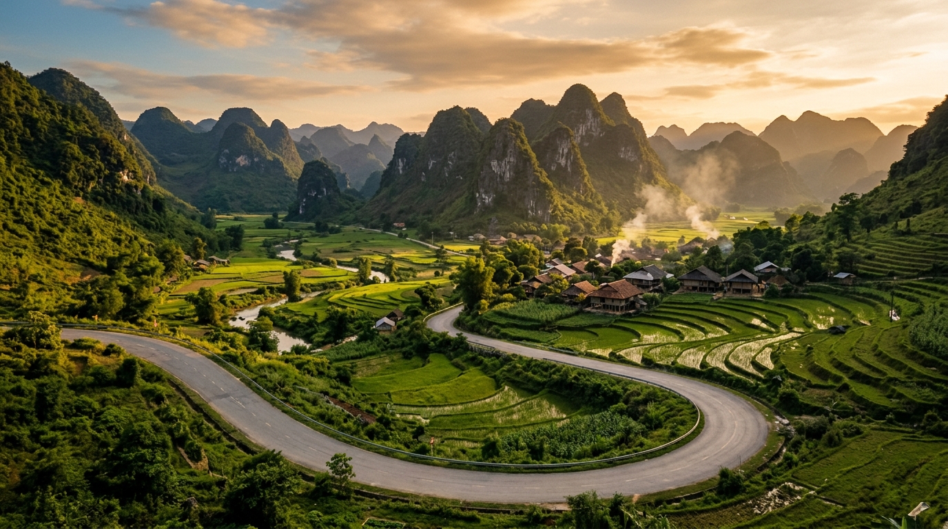 Con đường uốn lượn giữa thung lũng và núi đá Cao Bằng lúc hoàng hôn