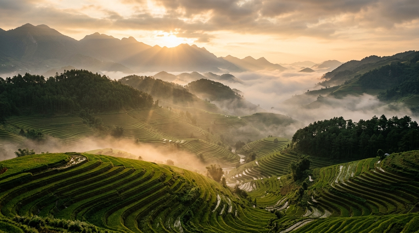 Toàn cảnh ruộng bậc thang và nương đồi vùng cao Tây Bắc trong sương sớm