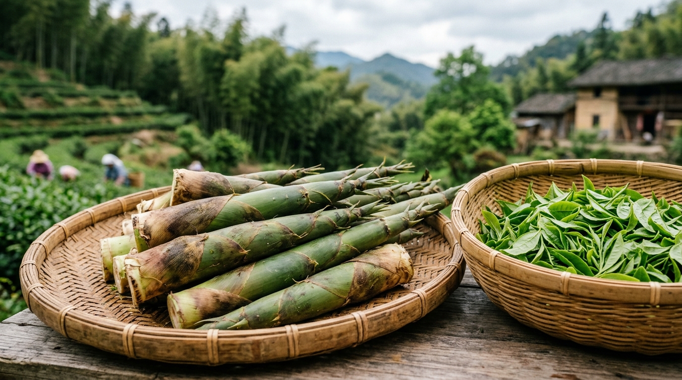 Măng tre Bát Độ và búp chè tươi đặc sản vùng cao trên khay tre mộc mạc