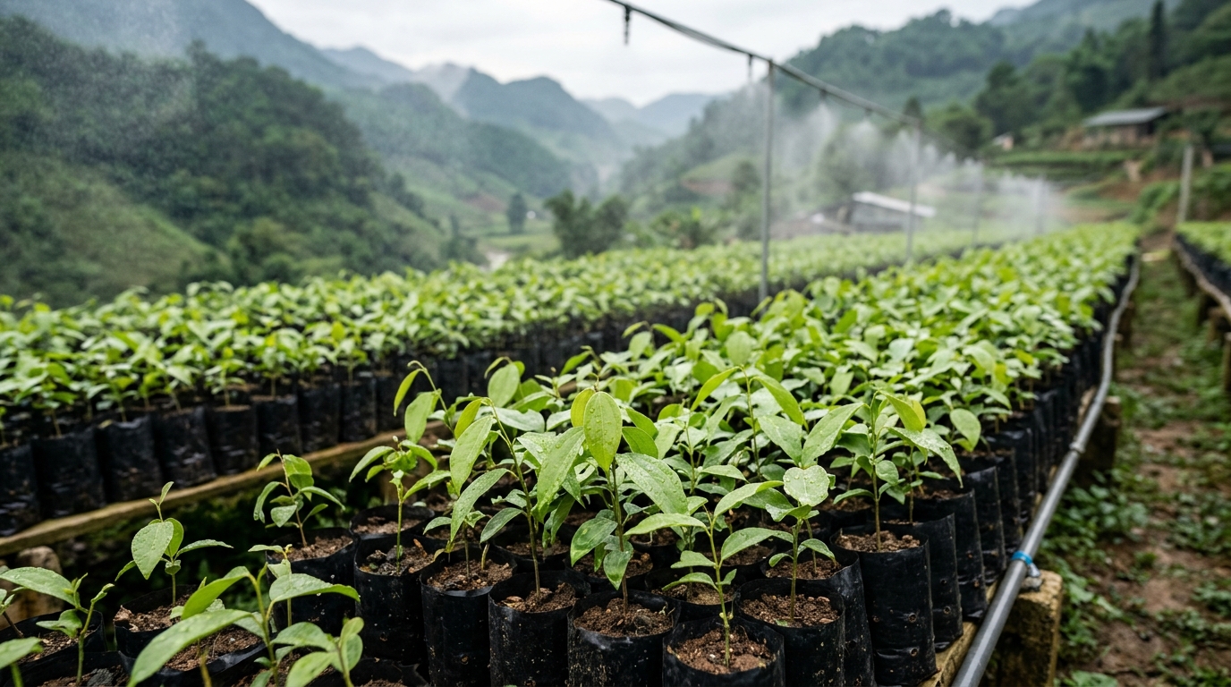 Vườn ươm cây giống quế với hệ thống tưới tại Cốc San Lào Cai