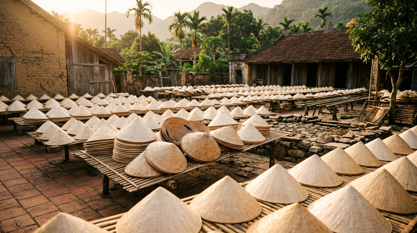 Nón lá phơi trong sân làng nghề