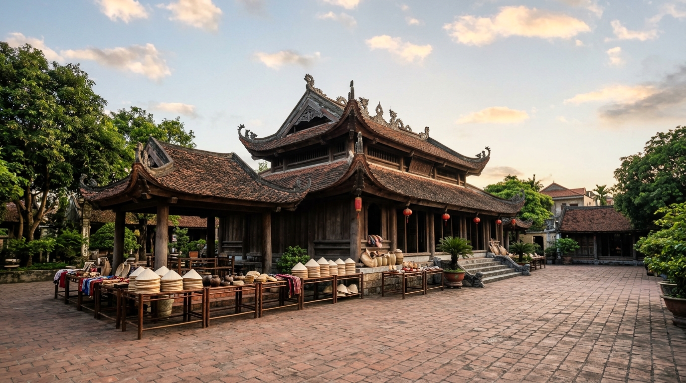Sân đình làng trưng bày nón lá và sản phẩm thủ công