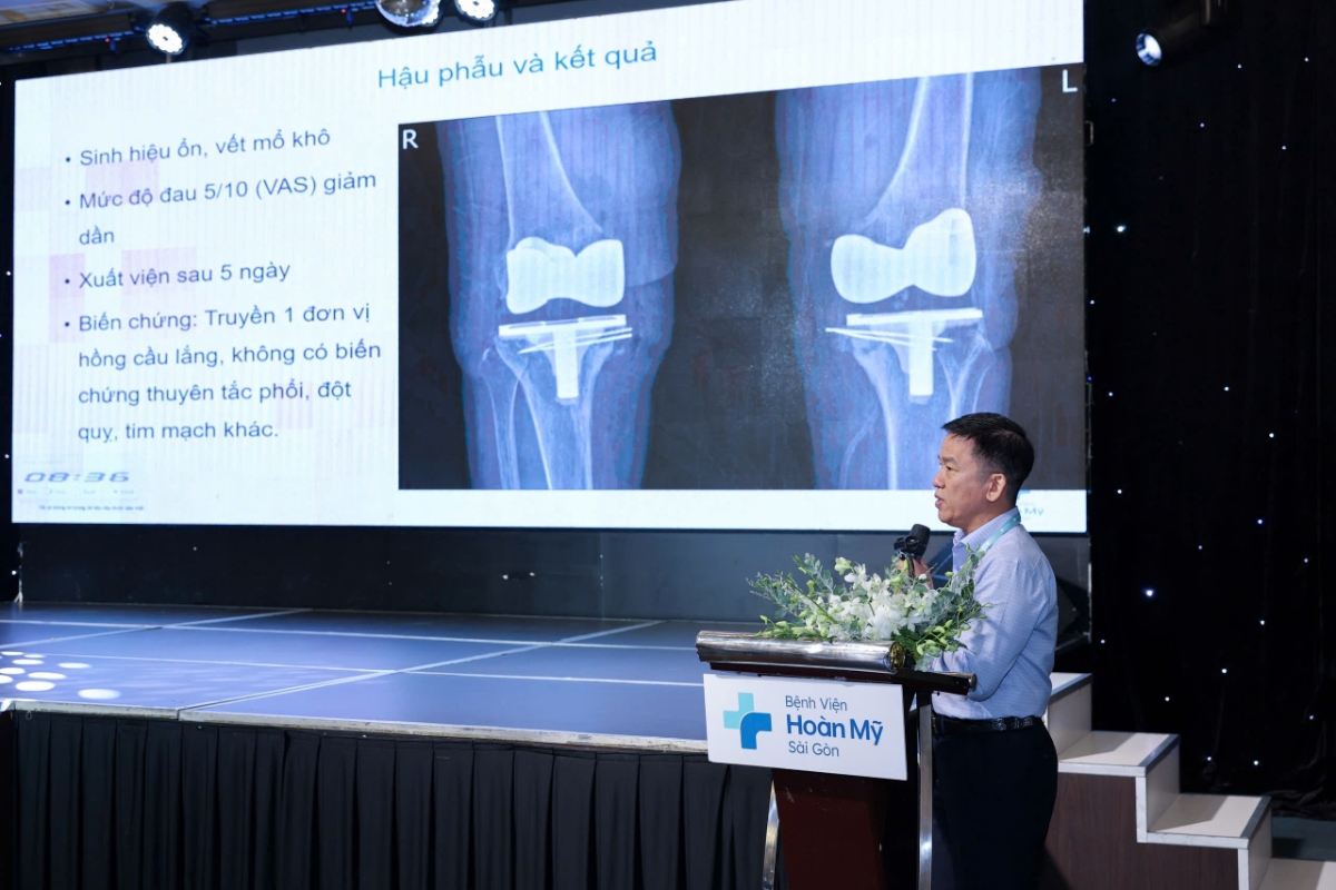 ThS.BS. Nguyễn Tấn Lãm, Khoa Chấn thương chỉnh hình Bệnh viện Hoàn Mỹ Sài Gòn trình bày đề tài khoa học chuyên sâu tại hội nghị.