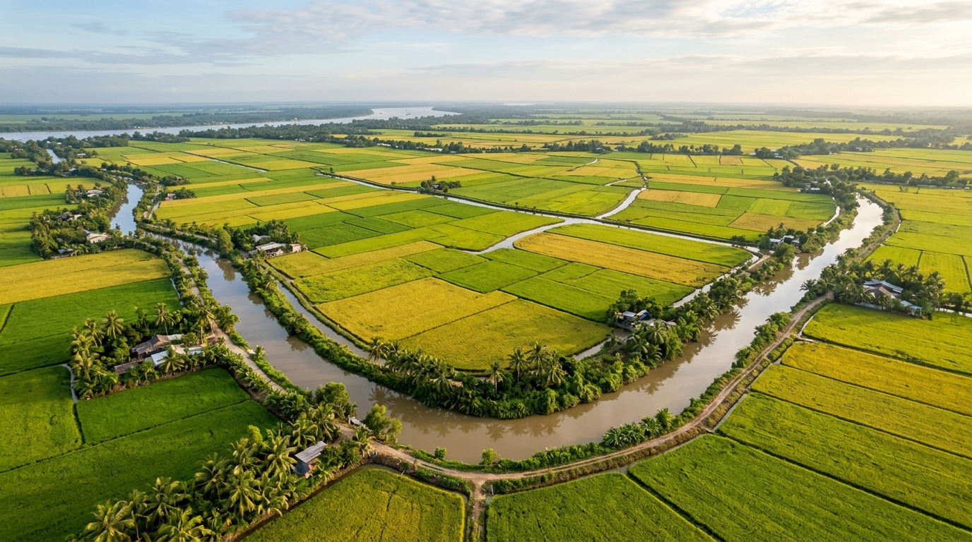 Toàn cảnh những cánh đồng lúa xanh ngút ngàn đan xen kênh rạch tưới tiêu tại Đồng bằng sông Cửu Long