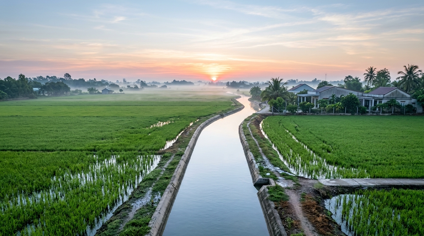 Hệ thống thủy lợi nội đồng dẫn nước sạch vào các thửa ruộng lúa sớm mai thanh bình ở miền Tây Nam Bộ